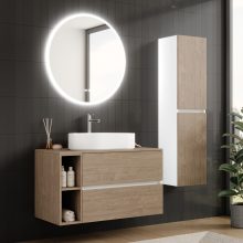 HD Zyra+ Silk Matt White-Oak 100 fali mosdószekrény tölgyfa színű mosdópulttal és kiegészítő tölgyfa színű fali modullal