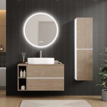 HD Zyra+ Silk Matt White-Oak 100 fali mosdószekrény tölgyfa színű mosdópulttal és kiegészítő tölgyfa színű fali modullal