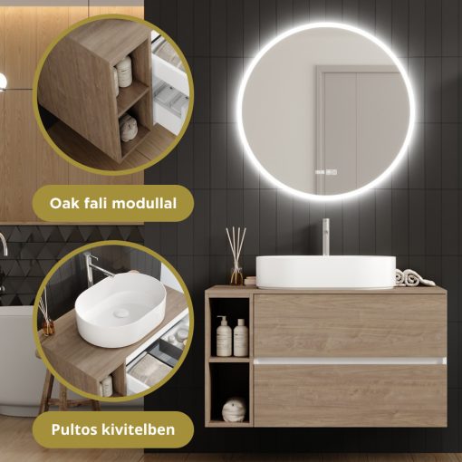 HD Zyra+ Silk Matt White-Oak 100 fali mosdószekrény tölgyfa színű mosdópulttal és kiegészítő tölgyfa színű fali modullal