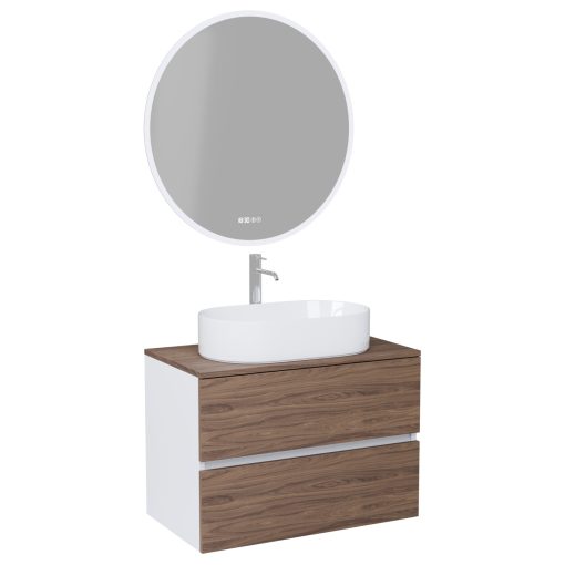 HD Zyra Silk Matt White-Oak 80 komplett fürdőszoba bútor fali mosdószekrénnyel, tölgyfa színű mosdópulttal és tükörrel