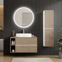 HD Zyra Pro+ Silk Matt White-Oak 100 komplett fürdőszoba bútor fali push-to-open mosdószekrénnyel, tölgyfa színű mosdópulttal, kiegészítő tölgyfa színű fali modullal és tükörrel