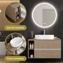 HD Zyra Pro+ Silk Matt White-Oak 100 komplett fürdőszoba bútor fali push-to-open mosdószekrénnyel, tölgyfa színű mosdópulttal, kiegészítő tölgyfa színű fali modullal és tükörrel