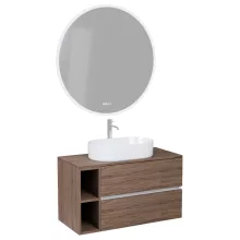 HD Zyra+ Silk Matt White-Oak 100 komplett fürdőszoba bútor fali mosdószekrénnyel, tölgyfa színű mosdópulttal, kiegészítő tölgyfa színű fali modullal és tükörrel