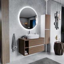HD Zyra+ Silk Matt White-Oak 100 komplett fürdőszoba bútor fali mosdószekrénnyel, tölgyfa színű mosdópulttal, kiegészítő tölgyfa színű fali modullal és tükörrel