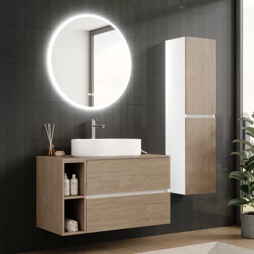 HD Zyra+ Silk Matt White-Oak 100 komplett fürdőszoba bútor fali mosdószekrénnyel, tölgyfa színű mosdópulttal, kiegészítő tölgyfa színű fali modullal és tükörrel