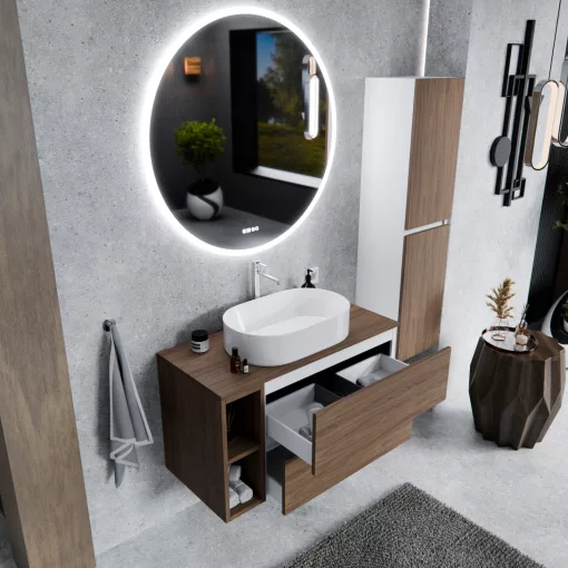 HD Zyra+ Silk Matt White-Oak 100 komplett fürdőszoba bútor fali mosdószekrénnyel, tölgyfa színű mosdópulttal, kiegészítő tölgyfa színű fali modullal és tükörrel