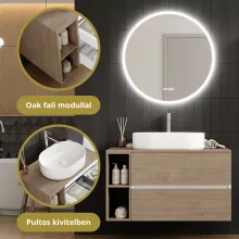 HD Zyra+ Silk Matt White-Oak 100 komplett fürdőszoba bútor fali mosdószekrénnyel, tölgyfa színű mosdópulttal, kiegészítő tölgyfa színű fali modullal és tükörrel