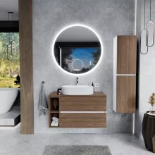 HD Zyra+ Silk Matt White-Oak 100 komplett fürdőszoba bútor fali mosdószekrénnyel, tölgyfa színű mosdópulttal, kiegészítő tölgyfa színű fali modullal és tükörrel