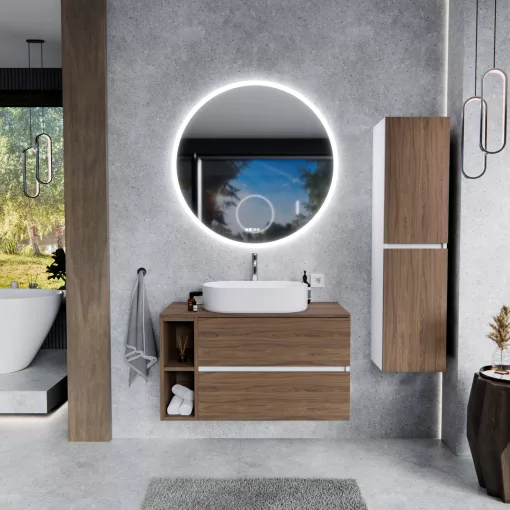 HD Zyra+ Silk Matt White-Oak 100 komplett fürdőszoba bútor fali mosdószekrénnyel, tölgyfa színű mosdópulttal, kiegészítő tölgyfa színű fali modullal és tükörrel