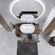 HD Zyra+ Silk Matt White-Oak 100 komplett fürdőszoba bútor fali mosdószekrénnyel, tölgyfa színű mosdópulttal, kiegészítő tölgyfa színű fali modullal és tükörrel