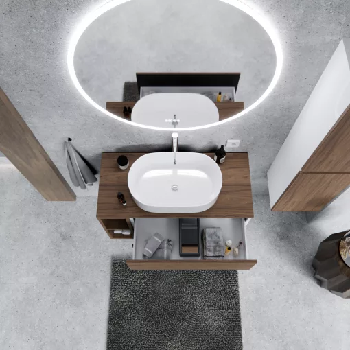 HD Zyra+ Silk Matt White-Oak 100 komplett fürdőszoba bútor fali mosdószekrénnyel, tölgyfa színű mosdópulttal, kiegészítő tölgyfa színű fali modullal és tükörrel