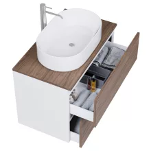 HD Zyra Pro Silk Matt White-Oak 80 komplett fürdőszoba bútor szett fali push-to-open mosdószekrénnyel, tölgyfa színű mosdópulttal, tükörrel és magasszekrénnyel