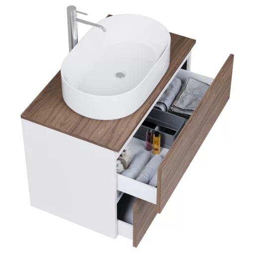 HD Zyra Pro Silk Matt White-Oak 80 komplett fürdőszoba bútor szett fali push-to-open mosdószekrénnyel, tölgyfa színű mosdópulttal, tükörrel és magasszekrénnyel