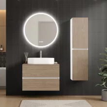 HD Zyra Pro Silk Matt White-Oak 80 komplett fürdőszoba bútor szett fali push-to-open mosdószekrénnyel, tölgyfa színű mosdópulttal, tükörrel és magasszekrénnyel