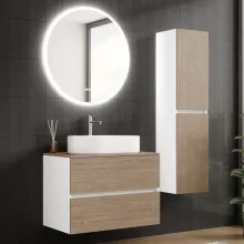 HD Zyra Silk Matt White-Oak 80 komplett fürdőszoba bútor szett fali mosdószekrénnyel, tölgyfa színű mosdópulttal, tükörrel és magasszekrénnyel