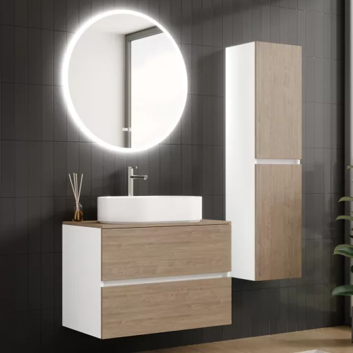 HD Zyra Silk Matt White-Oak 80 komplett fürdőszoba bútor szett fali mosdószekrénnyel, tölgyfa színű mosdópulttal, tükörrel és magasszekrénnyel