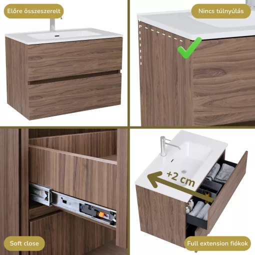 HD Aria Oak 80 fali mosdószekrény fényes fehér slim mosdóval