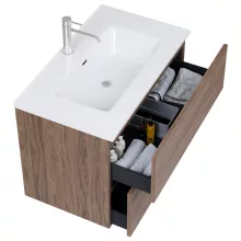 HD Aria Pro Oak 80 komplett fürdőszoba bútor fali push-to-open mosdószekrénnyel, fényes fehér slim mosdóval és tükörrel