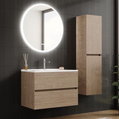 HD Aria Oak 80 komplett fürdőszoba bútor fali mosdószekrénnyel, fényes fehér slim mosdóval és tükörrel