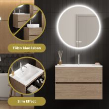 HD Aria Oak 80 komplett fürdőszoba bútor fali mosdószekrénnyel, fényes fehér slim mosdóval és tükörrel