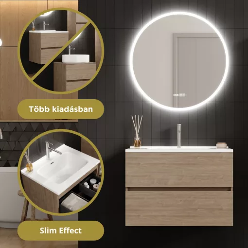 HD Aria Oak 80 komplett fürdőszoba bútor fali mosdószekrénnyel, fényes fehér slim mosdóval és tükörrel