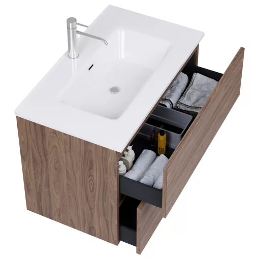 HD Aria Pro Oak 80 komplett fürdőszoba bútor szett fali push-to-open mosdószekrénnyel, fényes fehér slim mosdóval, tükörrel és magasszekrénnyel