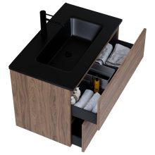 HD Aria Pro Oak 80 fali mosdószekrény, push-to-open mechanizmussal, matt fekete slim mosdóval