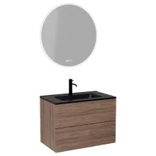 HD Aria Pro Oak 80 komplett fürdőszoba bútor fali push-to-open mosdószekrénnyel, matt fekete slim mosdóval és tükörrel