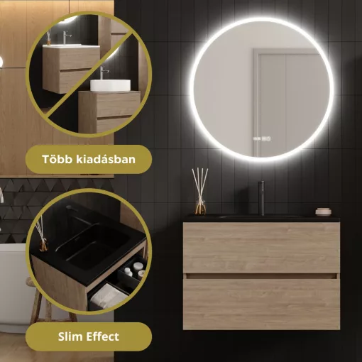 HD Aria Pro Oak 80 komplett fürdőszoba bútor fali push-to-open mosdószekrénnyel, matt fekete slim mosdóval és tükörrel