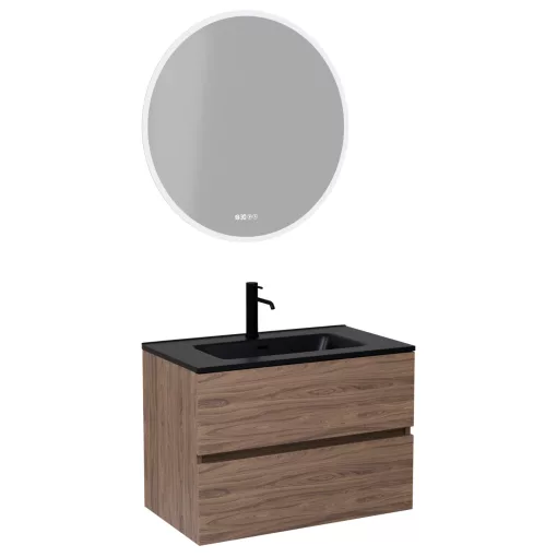 HD Aria Oak 80 komplett fürdőszoba bútor fali mosdószekrénnyel, matt fekete slim mosdóval és tükörrel