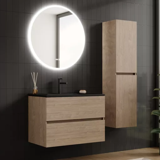 HD Aria Oak 80 komplett fürdőszoba bútor fali mosdószekrénnyel, matt fekete slim mosdóval és tükörrel