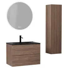 HD Aria Pro Oak 80 komplett fürdőszoba bútor szett fali push-to-open mosdószekrénnyel, matt fekete slim mosdóval, tükörrel és magasszekrénnyel