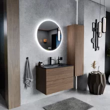 HD Aria Pro Oak 80 komplett fürdőszoba bútor szett fali push-to-open mosdószekrénnyel, matt fekete slim mosdóval, tükörrel és magasszekrénnyel