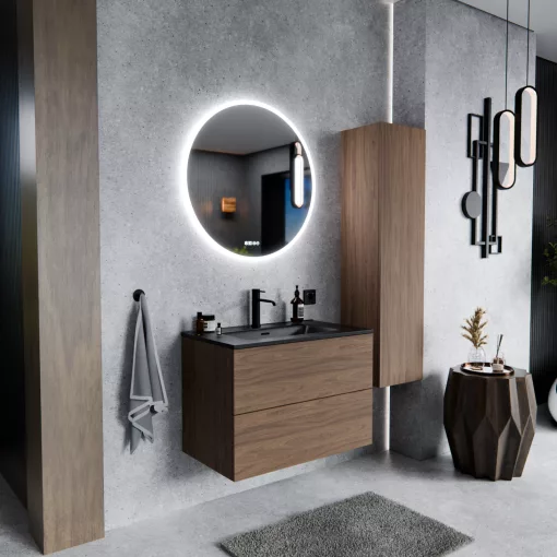HD Aria Pro Oak 80 komplett fürdőszoba bútor szett fali push-to-open mosdószekrénnyel, matt fekete slim mosdóval, tükörrel és magasszekrénnyel