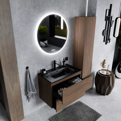HD Aria Pro Oak 80 komplett fürdőszoba bútor szett fali push-to-open mosdószekrénnyel, matt fekete slim mosdóval, tükörrel és magasszekrénnyel