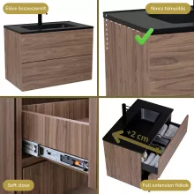 HD Aria Pro Oak 80 komplett fürdőszoba bútor szett fali push-to-open mosdószekrénnyel, matt fekete slim mosdóval, tükörrel és magasszekrénnyel