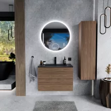 HD Aria Pro Oak 80 komplett fürdőszoba bútor szett fali push-to-open mosdószekrénnyel, matt fekete slim mosdóval, tükörrel és magasszekrénnyel