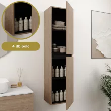 HD Aria Pro Oak 80 komplett fürdőszoba bútor szett fali push-to-open mosdószekrénnyel, matt fekete slim mosdóval, tükörrel és magasszekrénnyel