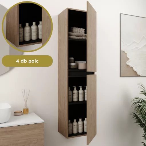 HD Aria Pro Oak 80 komplett fürdőszoba bútor szett fali push-to-open mosdószekrénnyel, matt fekete slim mosdóval, tükörrel és magasszekrénnyel