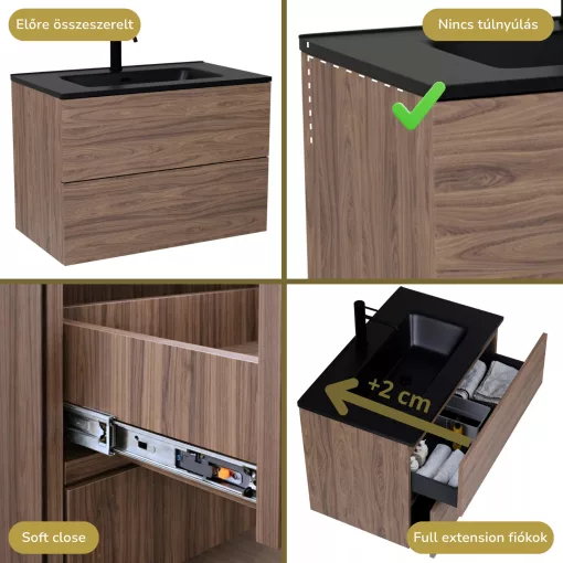 HD Aria Pro Oak 80 komplett fürdőszoba bútor szett fali push-to-open mosdószekrénnyel, matt fekete slim mosdóval, tükörrel és magasszekrénnyel