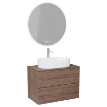 HD Zyra Pro Oak 80 komplett fürdőszoba bútor fali push-to-open mosdószekrénnyel, tölgyfa színű mosdópulttal és tükörrel