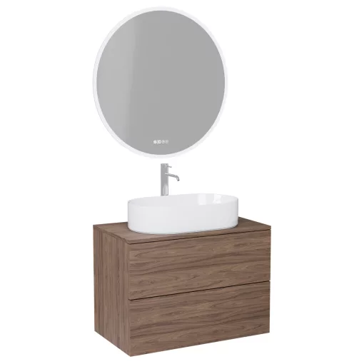 HD Zyra Pro Oak 80 komplett fürdőszoba bútor fali push-to-open mosdószekrénnyel, tölgyfa színű mosdópulttal és tükörrel