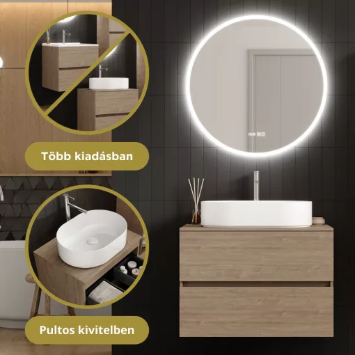 HD Zyra Pro Oak 80 komplett fürdőszoba bútor fali push-to-open mosdószekrénnyel, tölgyfa színű mosdópulttal és tükörrel