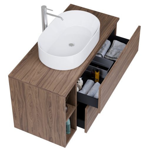 HD Zyra Pro+ Oak 100 komplett fürdőszoba bútor fali push-to-open mosdószekrénnyel, oak mosdópulttal, kiegészítő oak fali modullal és tükörrel