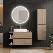 HD Zyra Pro+ Oak 100 komplett fürdőszoba bútor fali push-to-open mosdószekrénnyel, oak mosdópulttal, kiegészítő oak fali modullal és tükörrel