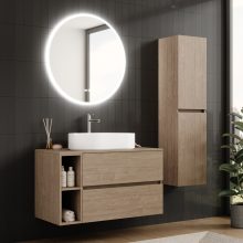 HD Zyra+ Oak 100 komplett fürdőszoba bútor fali mosdószekrénnyel, oak mosdópulttal, kiegészítő oak fali modullal és tükörrel