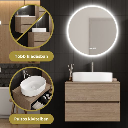HD Zyra Oak 80 komplett fürdőszoba bútor fali mosdószekrénnyel, tölgyfa színű mosdópulttal és tükörrel