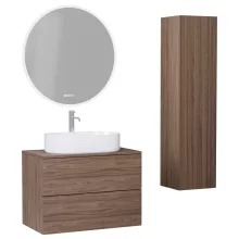 HD Zyra Pro Oak 80 komplett fürdőszoba bútor szett fali push-to-open mosdószekrénnyel, tölgyfa színű mosdópulttal, tükörrel és magasszekrénnyel