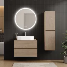 HD Zyra Pro Oak 80 komplett fürdőszoba bútor szett fali push-to-open mosdószekrénnyel, tölgyfa színű mosdópulttal, tükörrel és magasszekrénnyel