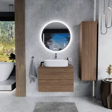 HD Zyra Pro Oak 80 komplett fürdőszoba bútor szett fali push-to-open mosdószekrénnyel, tölgyfa színű mosdópulttal, tükörrel és magasszekrénnyel